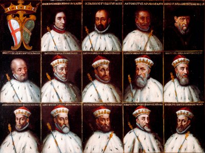 Våpenskjold fra republikken gener og portretter av dogene - Simone Boccanegra, Ottaviano Fregoso og Antoniotto II Adorno; Andrea Doria. Oberto Cattaneo Lazzari, Battista Spinola, Battista Lomellini, Cristoforo Grilaldi Rosso, Giovanni Battista Doria av Northern Italian School