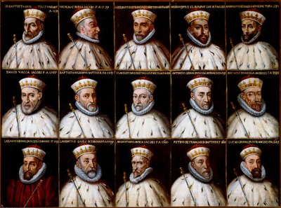 Våpenskjold fra republikken gener og portretter av dogene. Gio. Battista Gentile Pignolo, Nicolò Doria, Gerolamo De Franchi Toso, Gerolamo Chiavari, Ambrogio Di Negro, Davide Vacca (eller Vaccari), Battista Negrone, Gio Giustiniani Campi, Antonio Grimal av Northern Italian School