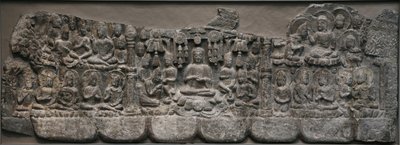 Veggskulptur: Himmelske samlinger av Buddhaer og Bodhisattvaer, Handan, Hebei-provinsen, 550-577 (kalkstein med spor av pigment) av Northern Qi Dynasty Chinese Scool