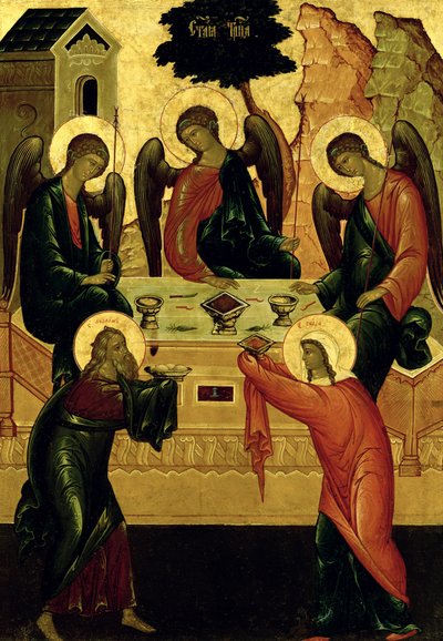 The Holy Trinity, Novgorod School, 1400-tallet (tempera på lerret) av Novgorod School
