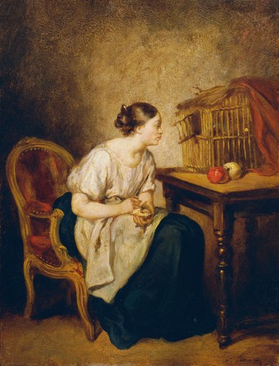 Ung kvinne med fuglebur av Octave Nicolas Francois Tassaert