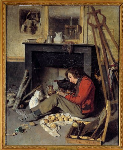 Verkstedinteriør En maler nær peisen sin. Maleri av Octave Tassaert (1800-1874) 1845 Søn. 0,46x0,38 m av Octave Tassaert
