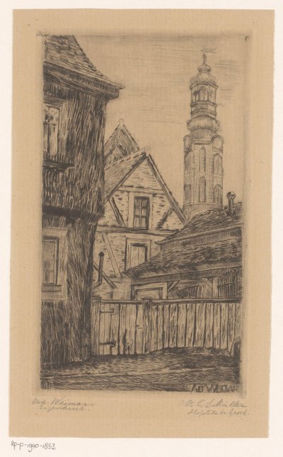 Bybilde med tårnet i Weimar Alt Weimar (tittel på objekt) av Octavia Cornelia Suzanna Hofstede de Groot (signed by artist)
