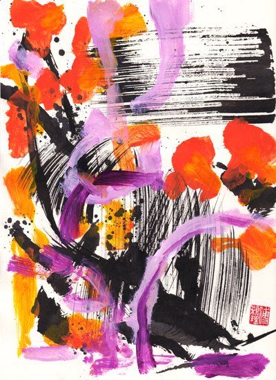 Bach Encounter Floral Ink Abstraction, 2021 (blekk og farge på Xuan-papir) av Odilia W. Y. Fu