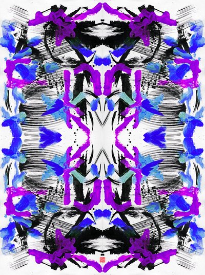Zen Ink Blue Purple Floral Pattern, 2023 (akryl på papir, digital) av Odilia W. Y. Fu