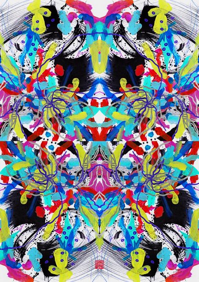 Zen Ink Blue Red Yellow Floral Pattern, 2023 (akryl på papir, digital) av Odilia W. Y. Fu