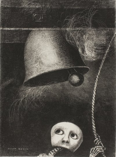 A Mask Sounds the Funeral Knell, plate tre fra To Edgar Poe av Odilon Redon