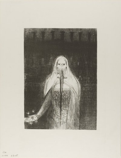 Og han hadde syv stjerner i sin høyre hånd; og ut av munnen hans gikk et skarpt tveegget sverd, plate 1 av 12 av Odilon Redon