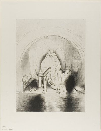 Og jeg så i høyre hånd av ham som satt på tronen en bok skrevet i og på baksiden, forseglet med syv segl, plate 2 av 12 av Odilon Redon