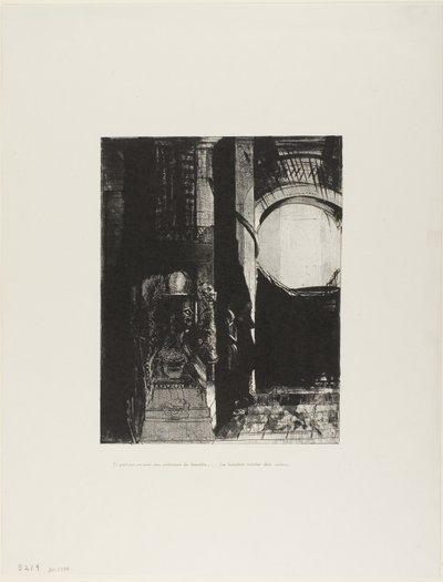 Og på hver side er det søyler av basalt, ... lyset faller fra det hvelvede taket, plate 3 av 24 av Odilon Redon