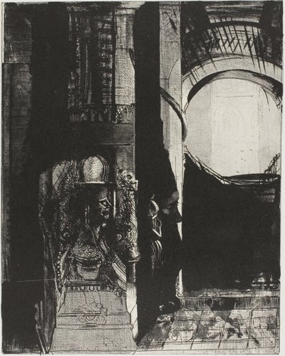 Og på hver side er det søyler av basalt, ... lyset faller fra det hvelvede taket, plate 3 av 24 av Odilon Redon