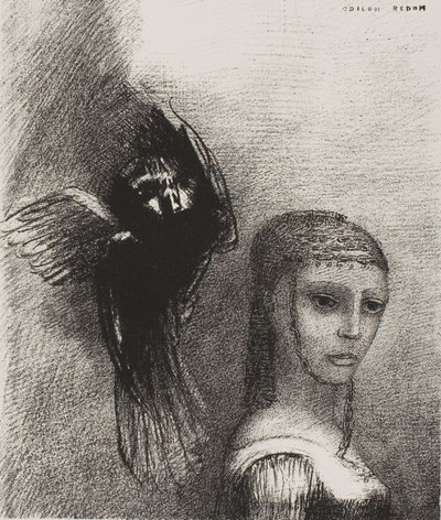 Og en stor fugl, som stiger ned fra himmelen, kaster seg mot det øverste punktet på håret hennes, plate 3 av 10 av Odilon Redon