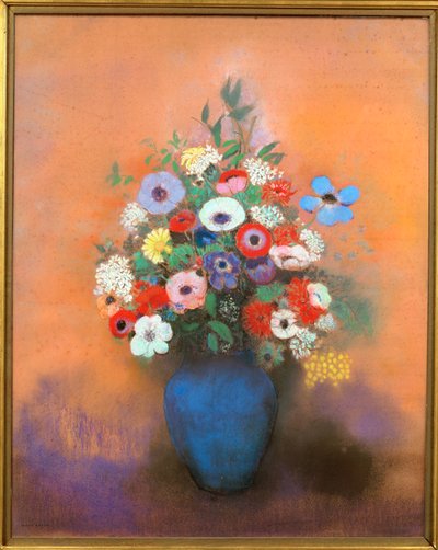 Anemoner og syriner i en blå vase av Odilon Redon
