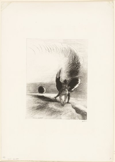 Under Wing of Shadow bet den svarte skapningen energisk, plate 4 av 6 av Odilon Redon