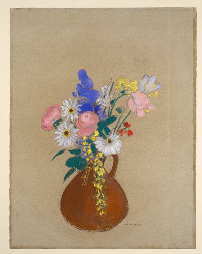 Blomsterbukett i brun leirvase av Odilon Redon