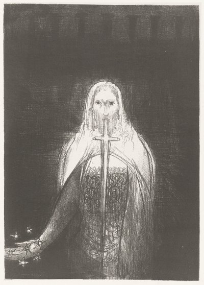 Christus legger stjerner i hånden Og han hadde syv stjerner i sin høyre hånd, og ut av hans munn gikk et skarpt tveegget sverd Apocalypse of Saint John (serietittel) Openbaring van Johannes (serietittel) av Odilon Redon