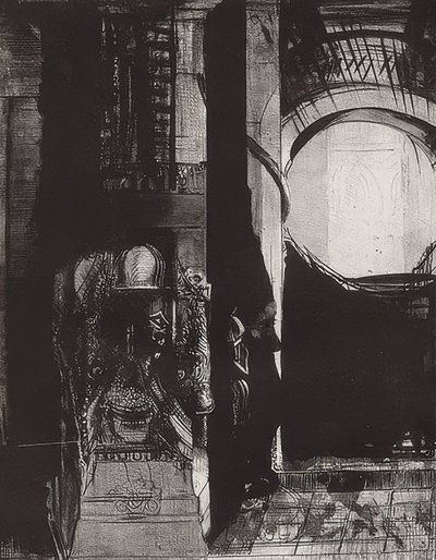Og overalt er basaltsøyler,? Lyset faller fra hvelvene, Blatt 3 der Folge La Tentation de Saint-Antoine. 1896 av Odilon Redon