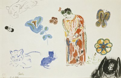 Studieark: kvinne, blomster og dyr av Odilon Redon