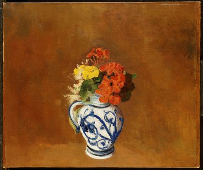 Pelargonier og andre blomster i en stentøysvase av Odilon Redon