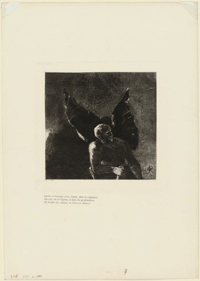 Ære og pris til deg, Satan, i himmelens høyder, hvor du regjerte, og i helvetes dyp, hvor, beseiret, du drømmer i stillhet!, plate 8 av 9 av Odilon Redon
