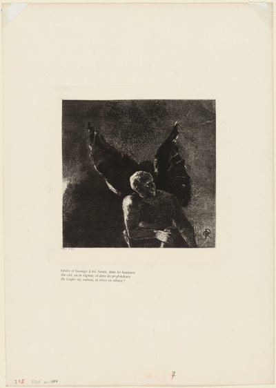 Ære og pris til deg, Satan, i himmelens høyder, hvor du regjerte, og i helvetes dyp, hvor, beseiret, du drømmer i stillhet!, plate 8 av 9 av Odilon Redon