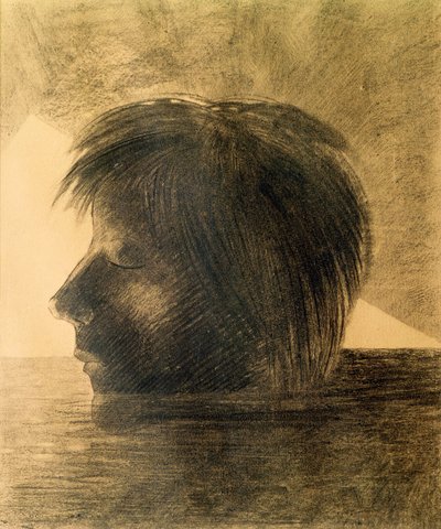 Head of Orpheus on the Water or The Mystic, 1880 (kull og blyant på papir) av Odilon Redon