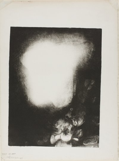 Hode for kvinne med korsasje av blomster av Odilon Redon
