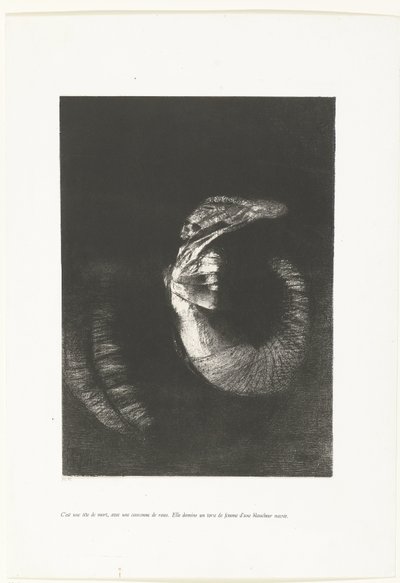 Det er en doodshoofd med en krans van rozen Det er en hodeskalle, med en krone av roser. Hun dominerer en kvinnes torso av perlehvithet (tittel på objekt) Temptation of Saint Anthony (1) (serietittel) Verzoeking van de heilige Antonius (se av Odilon Redon