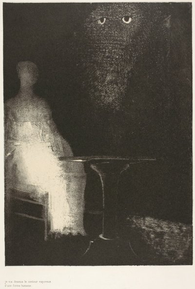 Jeg fortsatte å stirre på stolen, og fancied jeg så på den en blekblå tåkete kontur av en menneskelig figur, plate 1 av 6 av Odilon Redon
