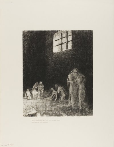 I skyggen er mennesker, gråtende og ber, omgitt av andre som formaner dem, plate 6 av 24 av Odilon Redon