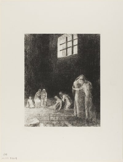 I skyggen er mennesker, gråtende og ber, omgitt av andre som formaner dem, plate 6 av 24 av Odilon Redon