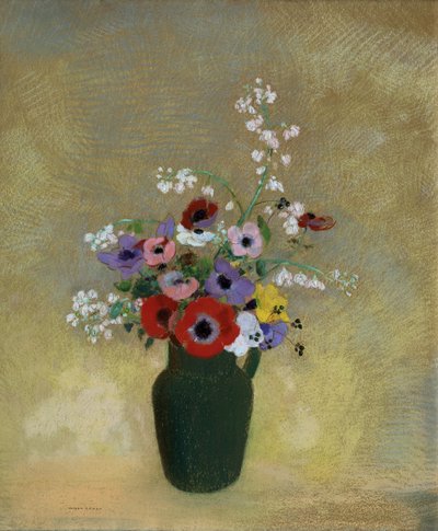 Stor grønn vase med blandede blomster av Odilon Redon