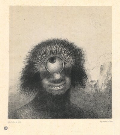 Den misformede polyppen fløt på kysten, en slags smilende og fæle kykloper. Fra serien Les Origines av Redon, Odilon (1840-1916). Litografi, størrelse: 21,4x19,9 av Odilon Redon