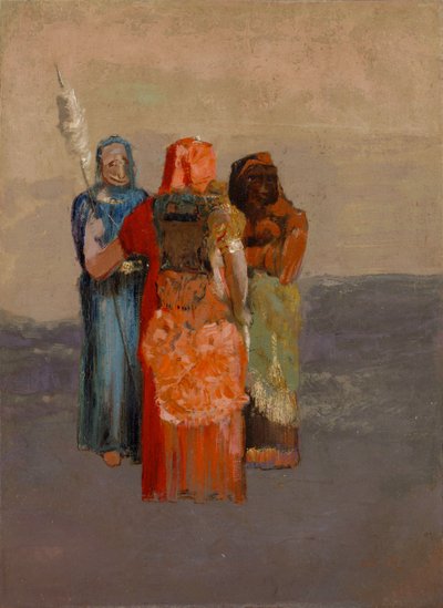 Les Moires (De tre skjebnene) (skjebnens tre guder fra gammel mytologi eller romernes skjebner) - Maleri av Odilon Redon (1840-1916), olje på lerret (32,4 x 23,8 cm) av Odilon Redon