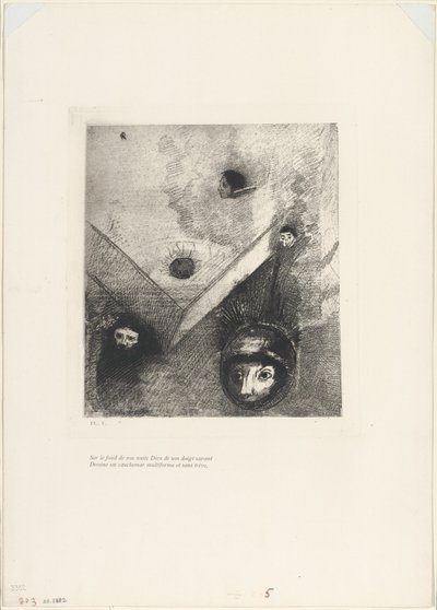 På bakteppet av våre netter sporer Gud med sin kjennende finger et mangfoldig uforsonlig mareritt, plate 6 av 9 av Odilon Redon
