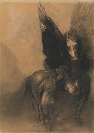 Pegasus og Bellerophon, ca. 1888 (Kull, vannvask, hvitt kritt og conté fargestift på buff papir bleuté) av Odilon Redon