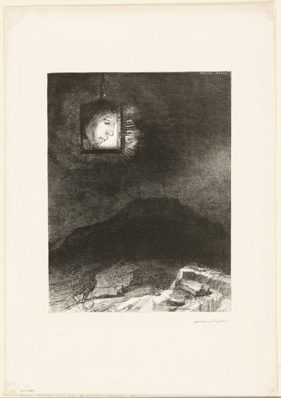Precarious Glimmering, a Head Suspended from Infinity, plate 3 av 6 av Odilon Redon