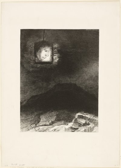 Precarious Glimmering, a Head Suspended from Infinity, plate 3 av 6 av Odilon Redon