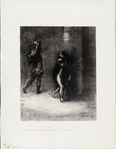 Saint Anthony: "Under det lange håret hennes, som dekket ansiktet hennes, trodde jeg jeg kjente igjen Ammonaria", plate 1 av 6 av Odilon Redon