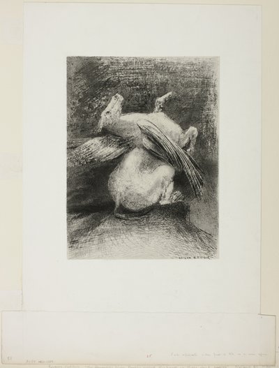 Den impotente vingen løftet ikke dyret inn i det svarte rommet, plate 7 av 8 fra "Les Origines" av Odilon Redon