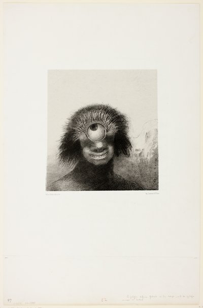 The Mishapen Polyp Floated on the Shores, en slags smilende og heslige kykloper, plate 3 av 8 fra "Les Origines" av Odilon Redon