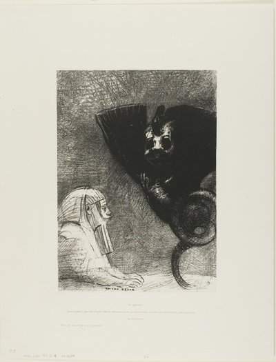 Sfinxen: "... mitt blikk som ingenting kan avlede, passerer gjennom gjenstander, forblir festet på en utilgjengelig horisont." The Chimera: "For meg er jeg lett og glad," plate 5 fra Til Gustave Flaubert av Odilon Redon