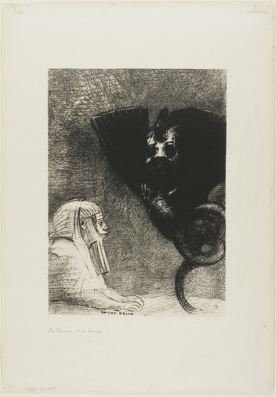 Sfinksen: "... mitt blikk som ingenting kan avlede, passerer gjennom gjenstander, forblir festet på en utilgjengelig horisont." The Chimera: "For meg er jeg lett og glad," plate 5 fra Til Gustave Flaubert av Odilon Redon