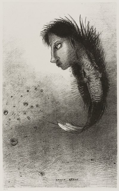 Så dukker det opp et enkelt vesen som har hodet til en mann på kroppen til en fisk, plate 5 av 10 av Odilon Redon
