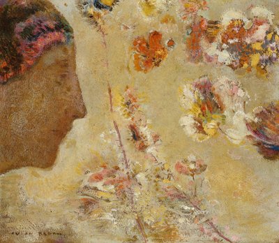 Kvinne i profil med sommerfugl og blomster; Kvinne i profil med sommerfugl og blomster, av Odilon Redon