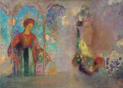 Kvinne i en gotisk arkade - Kvinne med blomster - Peinture de Odilon Redon (1840-1916) av Odilon Redon