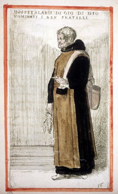 Religiøs orden: Hospital Brothers of Saint John of God. 1500-talls gravering. Ifølge O. Fialetti. av Odoardo Fialetti