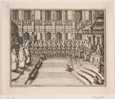 Kong Frederik V og Dronning Louise under salvelsesseremonien i Frederiksborg Slottskirke. Illustrasjon til Frederik d. IVs salvingshandling av Odvardt Helmoldt de Lode