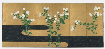 Chrysanthemums by a Stream, et par foldbare skjermer med seks paneler, sent på 1700-tallet – tidlig på 1800-tallet (blekk og farge på forgylt papir) av Ogata (follower of) Korin
