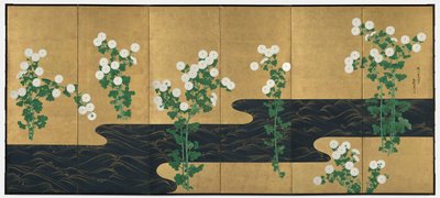 Chrysanthemums by a Stream, et par foldbare skjermer med seks paneler, sent på 1700-tallet – tidlig på 1800-tallet (blekk og farge på forgylt papir) av Ogata (follower of) Korin